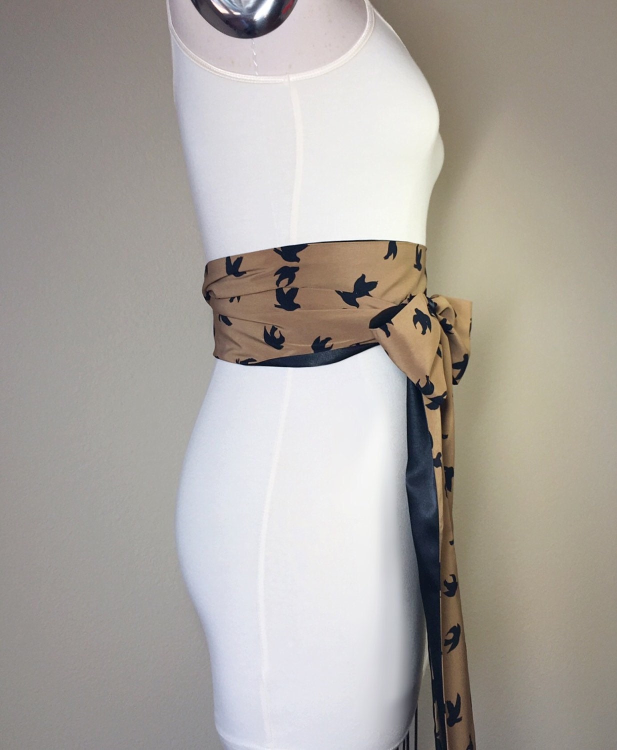 Black Bird Sash, Cappuccino & Black Sash, Bird Silhouette Print, Black Sash, Reversible Satin Sash, Black Bird Print Accessory, Satin Swank