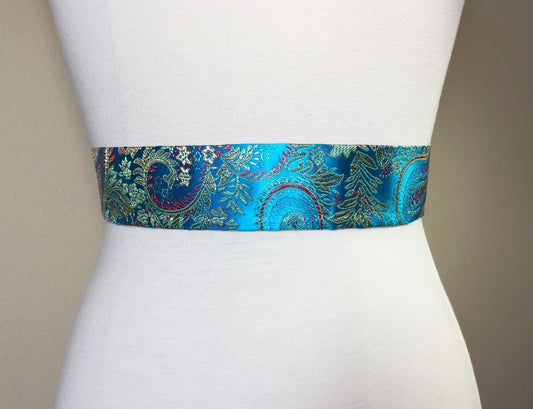 Turquoise Sash in Asian Brocade, Ornate Paisley & Floral Sash in Aqua Blue and Gold, Obi Belt, Kimono Sash, Chinese Floral Belt, Satin Swank
