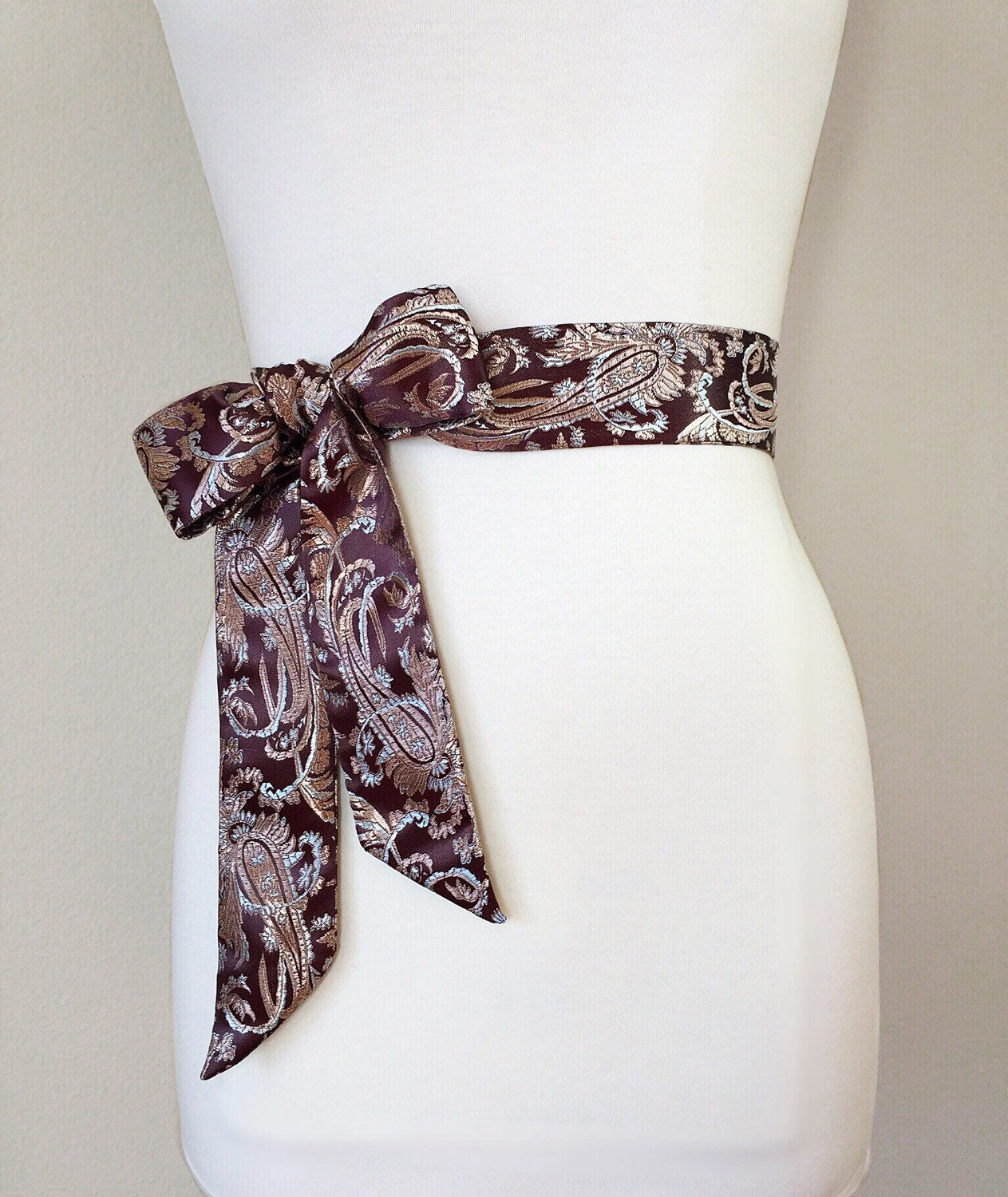 Asian Brocade Sash in Brown, Rose Gold & Silver, Paisley and Floral Sash in Satin Brocade, Obi Belt, Obi Sash, Floral Belt, Satin Swank