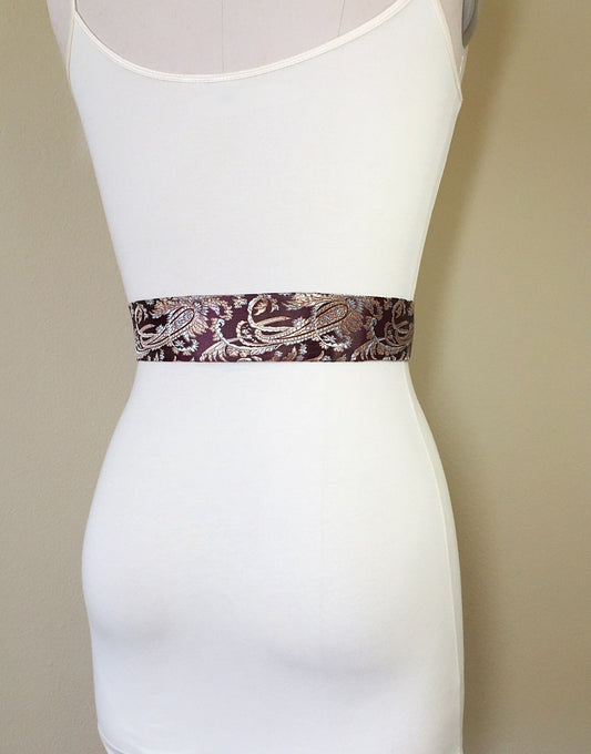 Asian Brocade Sash in Brown, Rose Gold & Silver, Paisley and Floral Sash in Satin Brocade, Obi Belt, Obi Sash, Floral Belt, Satin Swank