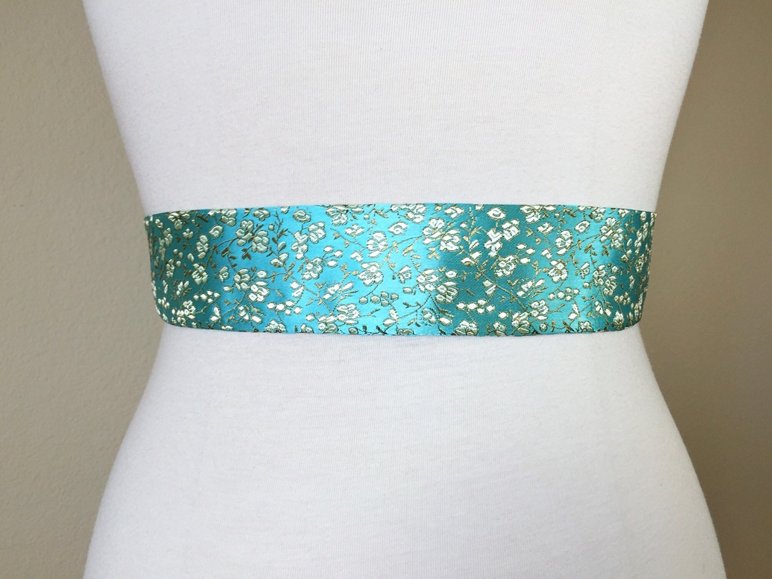 Aqua Floral Sash in Asian Brocade, Floral Sash in Aqua & Gold, Chinese Brocade Belt, Aqua Obi Belt, Gold Floral Kimono Sash, Satin Swank