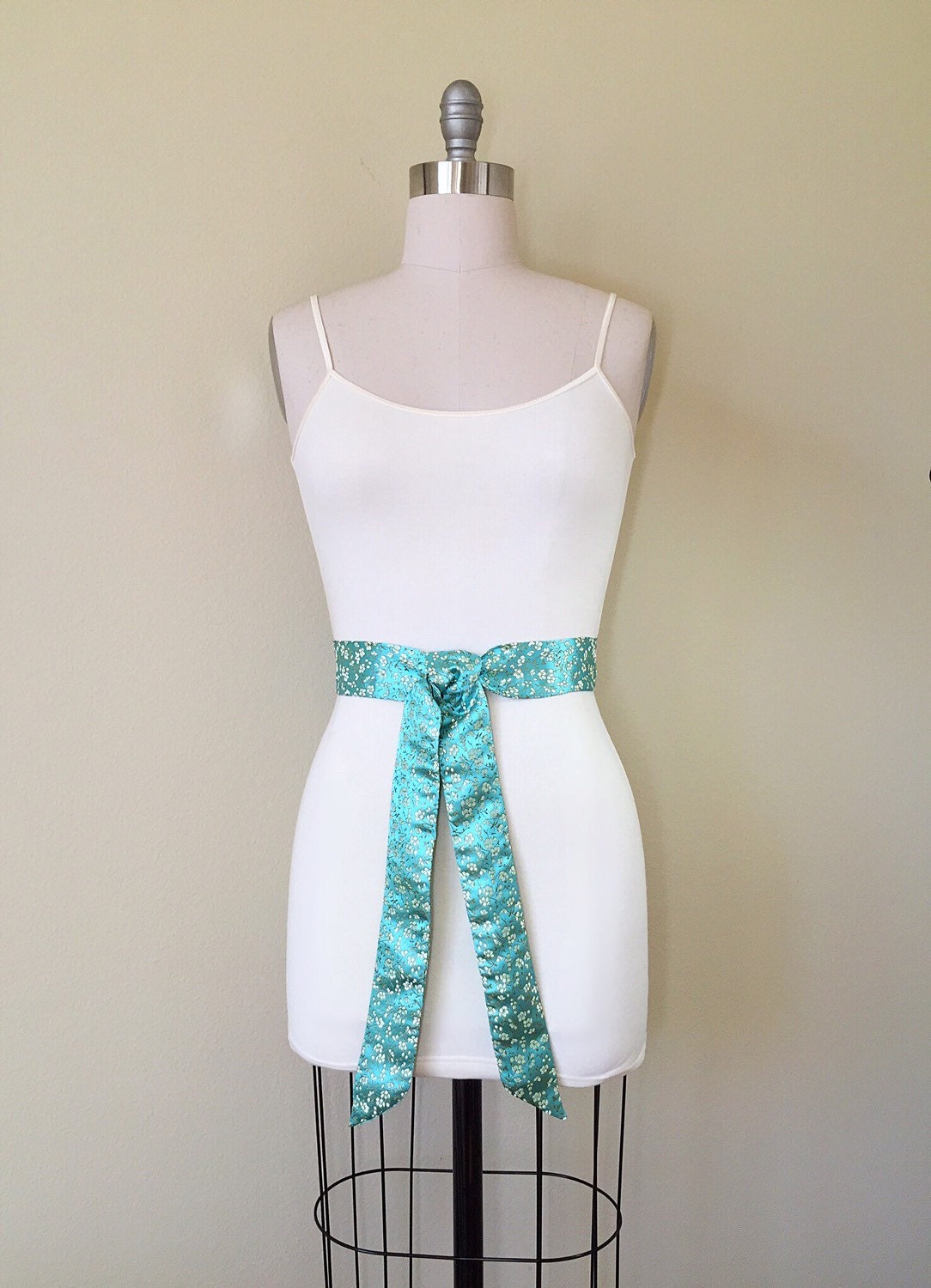 Aqua Floral Sash in Asian Brocade, Floral Sash in Aqua & Gold, Chinese Brocade Belt, Aqua Obi Belt, Gold Floral Kimono Sash, Satin Swank