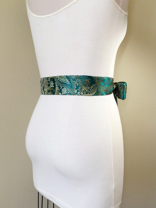 Emerald Brocade Sash, Emerald Green Sash in Paisley Floral Satin Brocade, Obi Belt, Emerald & Gold Sash Belt, Asian Brocade Sash Satin Swank