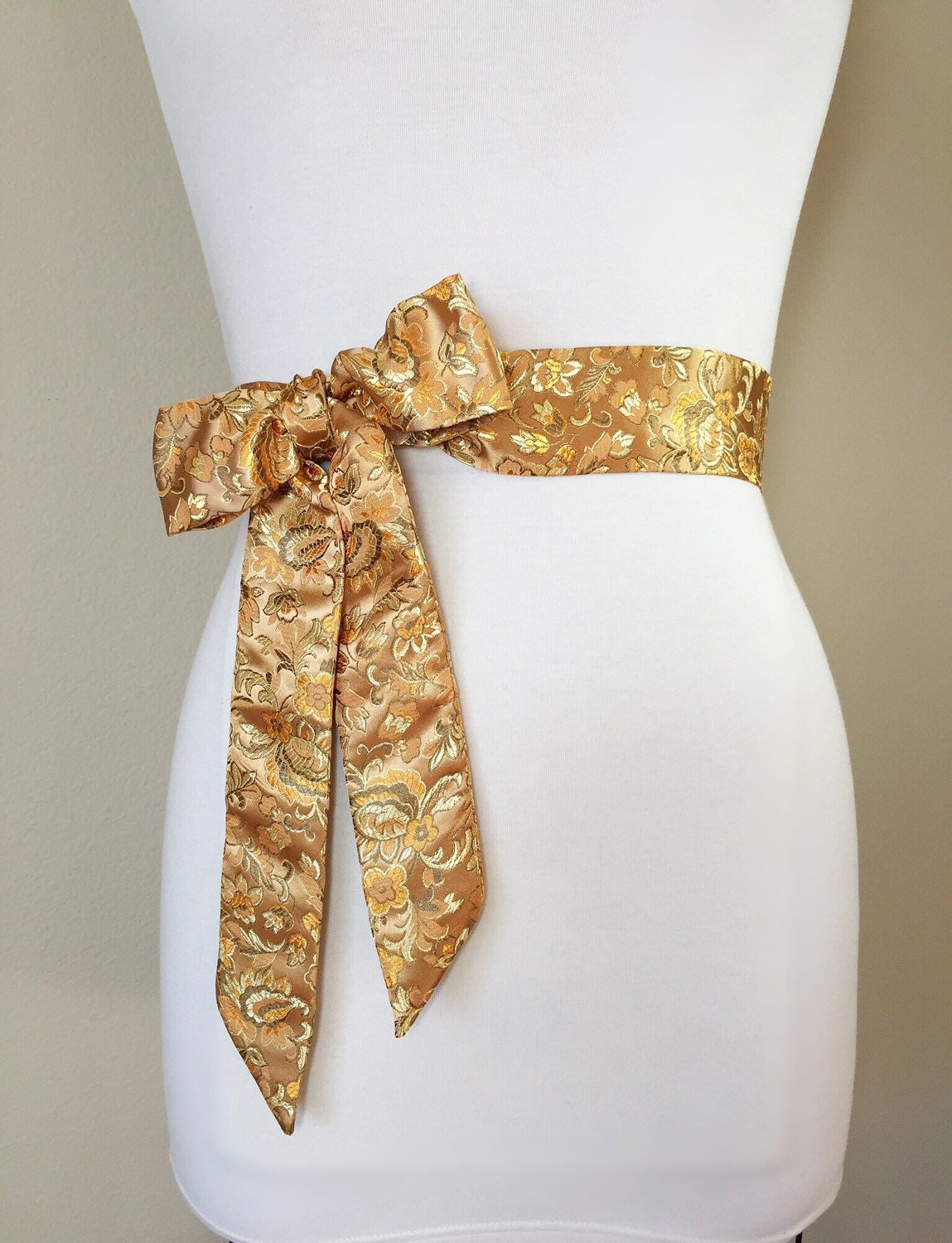 Asian Brocade Sash in Gold, Ornate Floral Sash in Gold Satin Brocade, Obi Wrap Belt, Kimono Sash, Chinese Floral Print Belt, Satin Swank