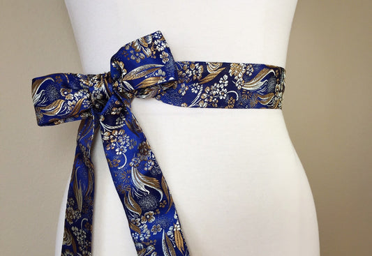 Narrow Asian Brocade Sash in Sapphire Blue, Floral Sash in Blue & Gold Satin Brocade, Obi Belt, Kimono Sash, Floral Belt, Satin Swank