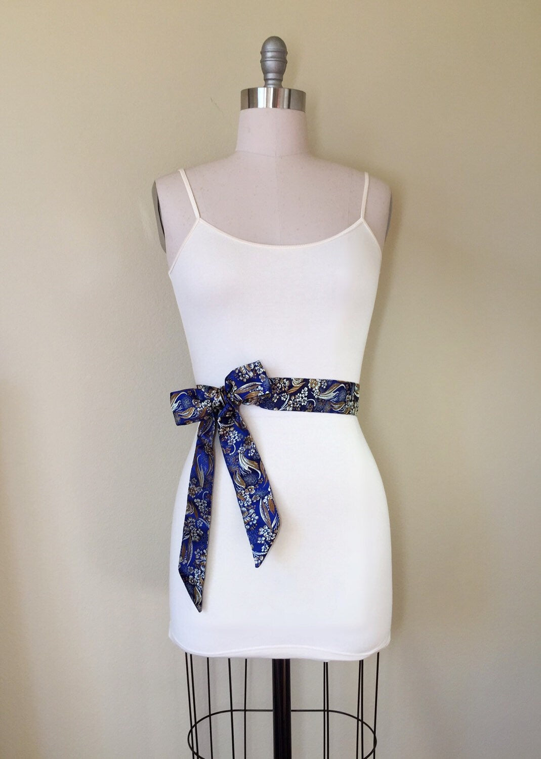 Narrow Asian Brocade Sash in Sapphire Blue, Floral Sash in Blue & Gold Satin Brocade, Obi Belt, Kimono Sash, Floral Belt, Satin Swank