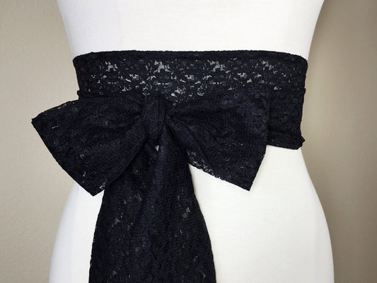 Black Lace Sash, Extra Long Lace Sash, Black Wedding Dress Sash, Lace Bridal Belt, Black Lace Belt, Long Length Lace Wrap Belt, Satin Swank
