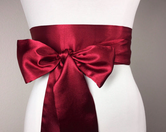 Cranberry Red Sash, Deep Red Satin Sash, Reversible Double Waist Wrap Belt, Dark Red Obi Sash Belt, Bridal Sash Wedding Sash, Satin Swank