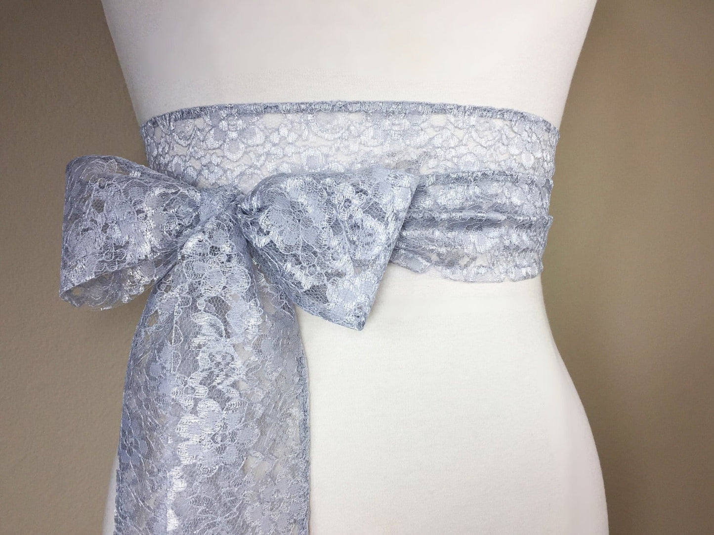 Silver Lace Sash, Silver Wedding Dress Sash, Extra Long Lace Sash, Lace Silver Sash, Light Gray Wedding Sash, Gray Lace Sash, Satin Swank
