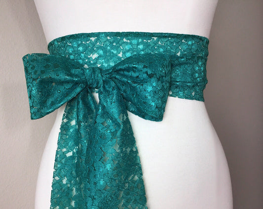 Emerald Lace Sash, Extra Long Wedding Dress Sash, Emerald Green Lace Sash, Emerald Wedding Gown Sash, Long Sash Emerald Green, Satin Swank