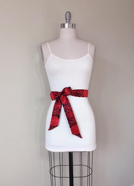 Red & Black Chinese Brocade Sash, Red Sash in Satin Brocade, Red Obi Belt, Black and Red Kimono Sash Belt, Asian Brocade Sash, Satin Swank