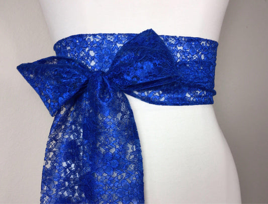 Royal Blue Lace Sash, Royal Lace Sash, Extra Long Wedding Dress Sash, Royal Blue Bridal Sash, Long Length Lace Wrap Belt, Satin Swank