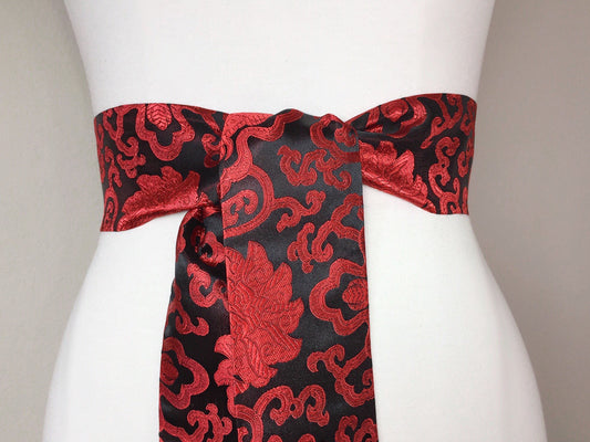 Wide Red & Black Chinese Brocade Sash, Red and Black Brocade Sash Belt, Black and Red Obi Belt, Kimono Sash Belt, Asian Brocade, Satin Swank