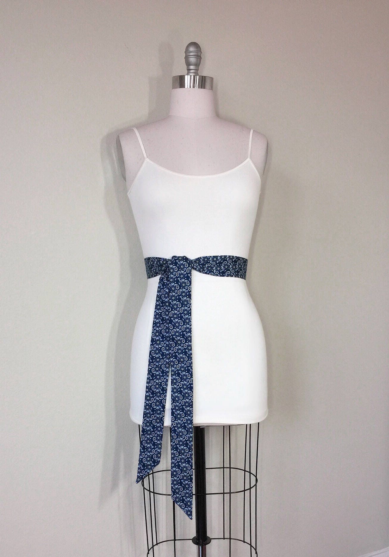 Navy Bandana Sash Belt, Blue Bandana Print Sash Belt, Narrow Paisley Sash, Bandana Print Accessories, Navy Bandana Belt, Satin Swank