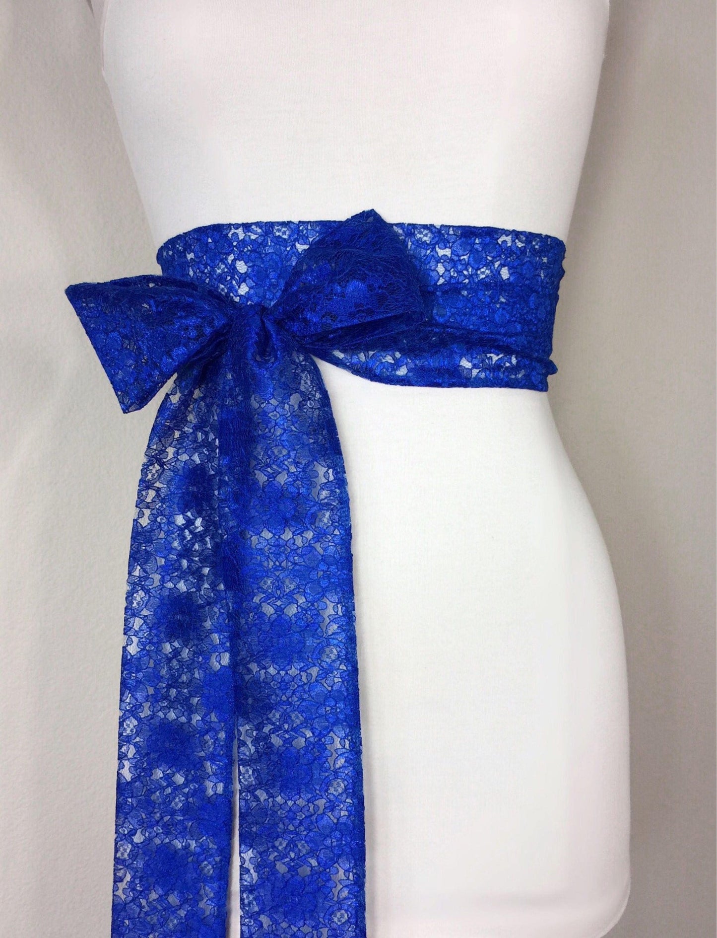 Royal Blue Lace Sash, Royal Lace Sash, Extra Long Wedding Dress Sash, Royal Blue Bridal Sash, Long Length Lace Wrap Belt, Satin Swank