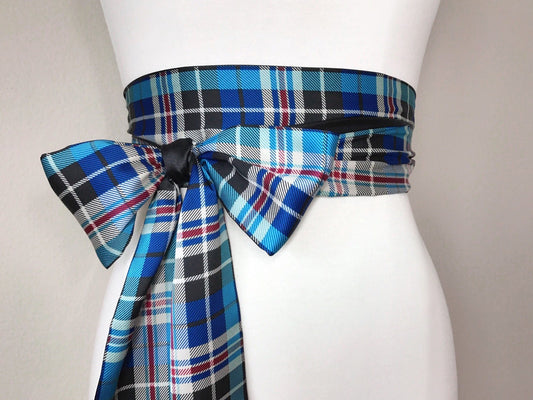 Blue & Black Tartan Sash, Plaid Satin Sash, Blue Tartan Plaid, Reversible to Solid Black Satin Sash, Blue Plaid Sash Belt, Satin Swank
