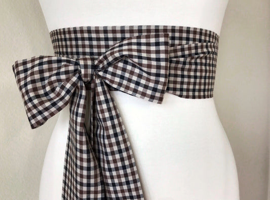 Tan & Black Gingham Sash Belt, Mini Checked Plaid Sash Belt, Gingham Plaid Sash, Black Brown Checked Sash, Gingham Accessories, Satin Swank