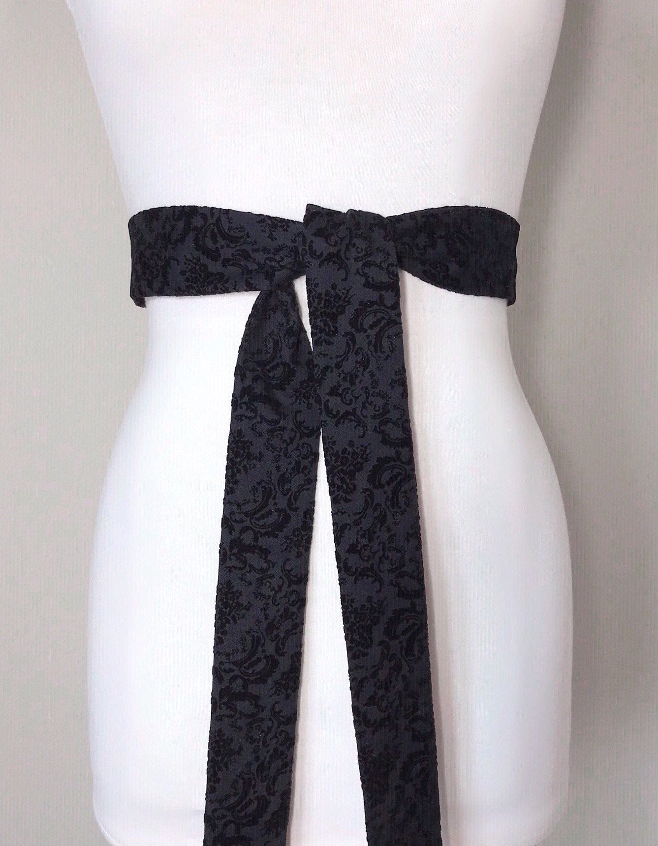 Narrow Flocked Velvet Sash, Black Sash Belt in Flocked Velvet Damask, Velvet Flocked Sash, Velvet Accessories, Flocked Denim, Satin Swank
