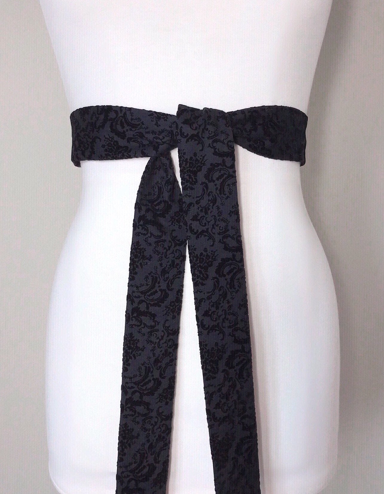 Narrow Flocked Velvet Sash, Black Sash Belt in Flocked Velvet Damask, Velvet Flocked Sash, Velvet Accessories, Flocked Denim, Satin Swank