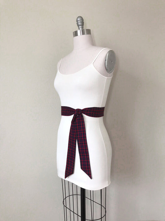Red & Navy Tartan Sash, Narrow Plaid Sash, Navy Red Tartan Plaid, Mini Tartan Plaid Sash Belt, Scottish Tartan Accessories, Satin Swank
