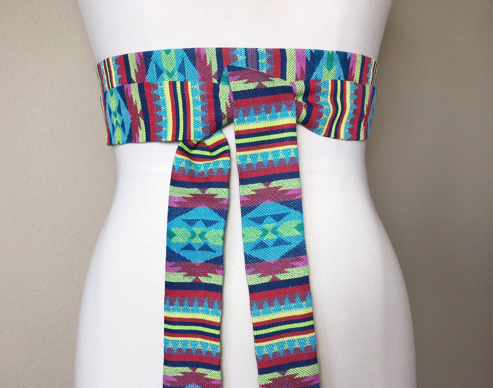 Navajo Print Sash Belt, Tribal Print Sash, Native American Belt, Boho Woven Ethnic Sash, Aztec Print Sash, Bohemian Wrap Belt, Satin Swank