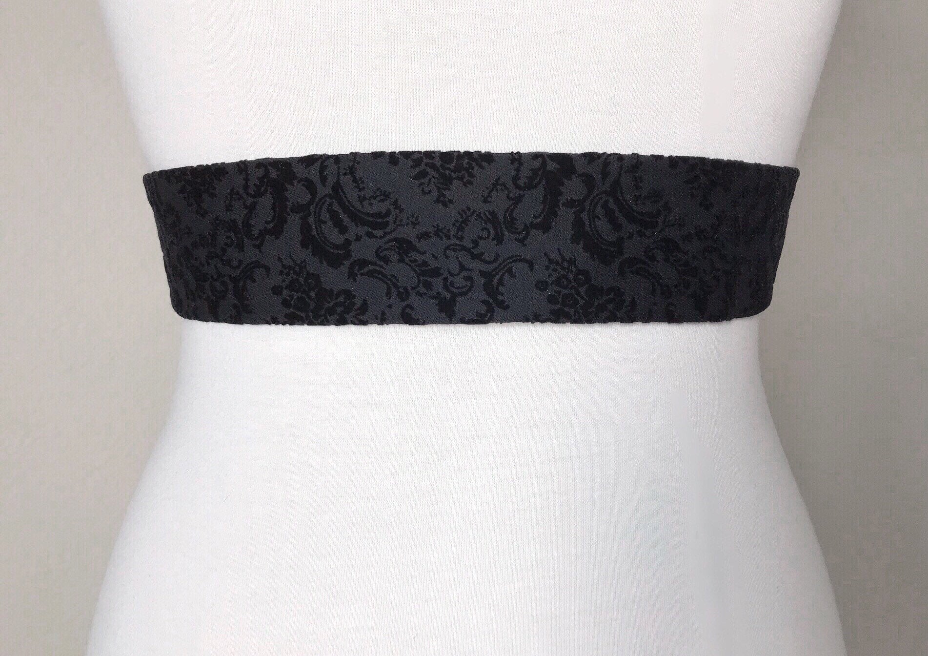 Narrow Flocked Velvet Sash, Black Sash Belt in Flocked Velvet Damask, Velvet Flocked Sash, Velvet Accessories, Flocked Denim, Satin Swank