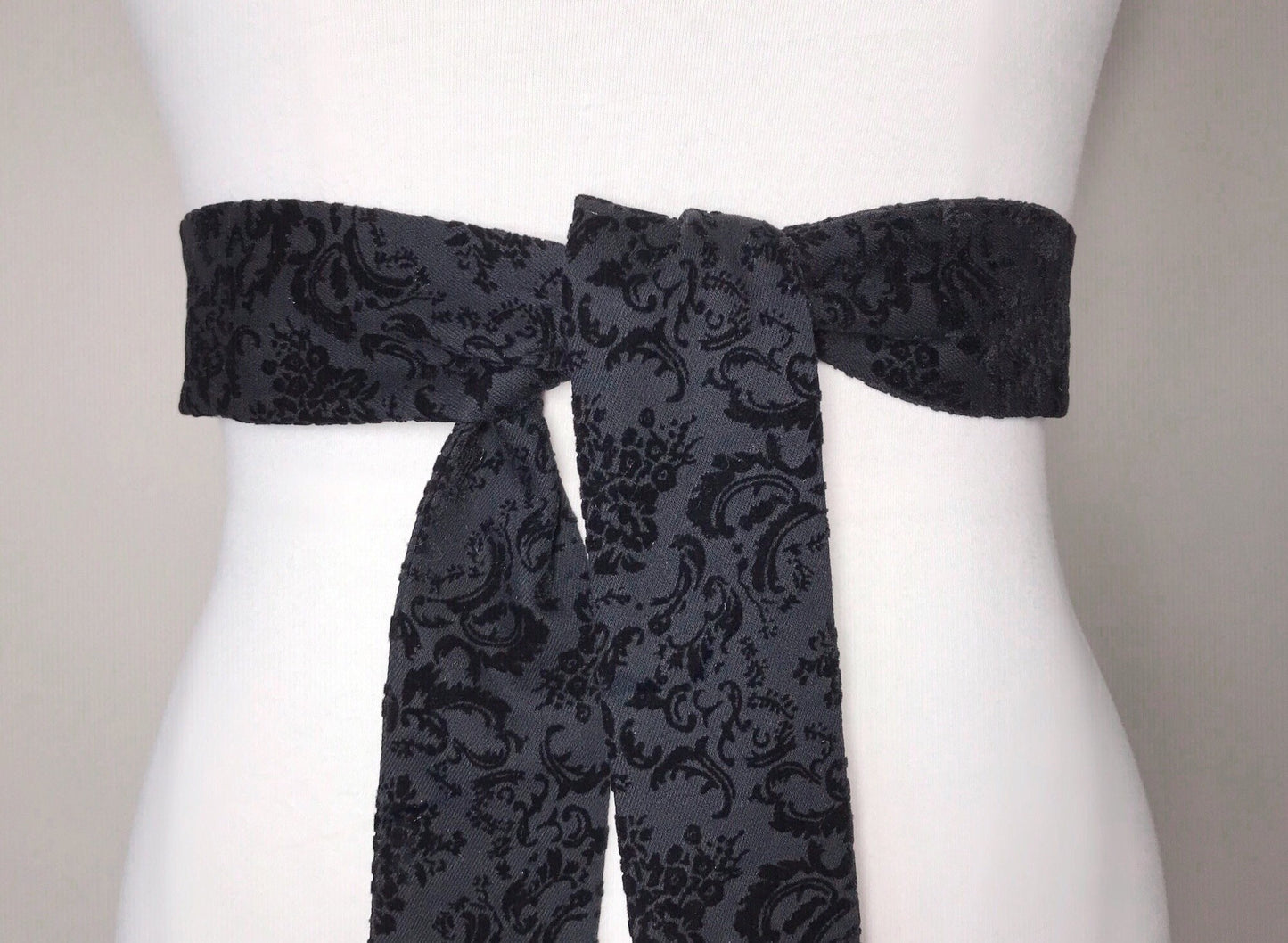 Narrow Flocked Velvet Sash, Black Sash Belt in Flocked Velvet Damask, Velvet Flocked Sash, Velvet Accessories, Flocked Denim, Satin Swank