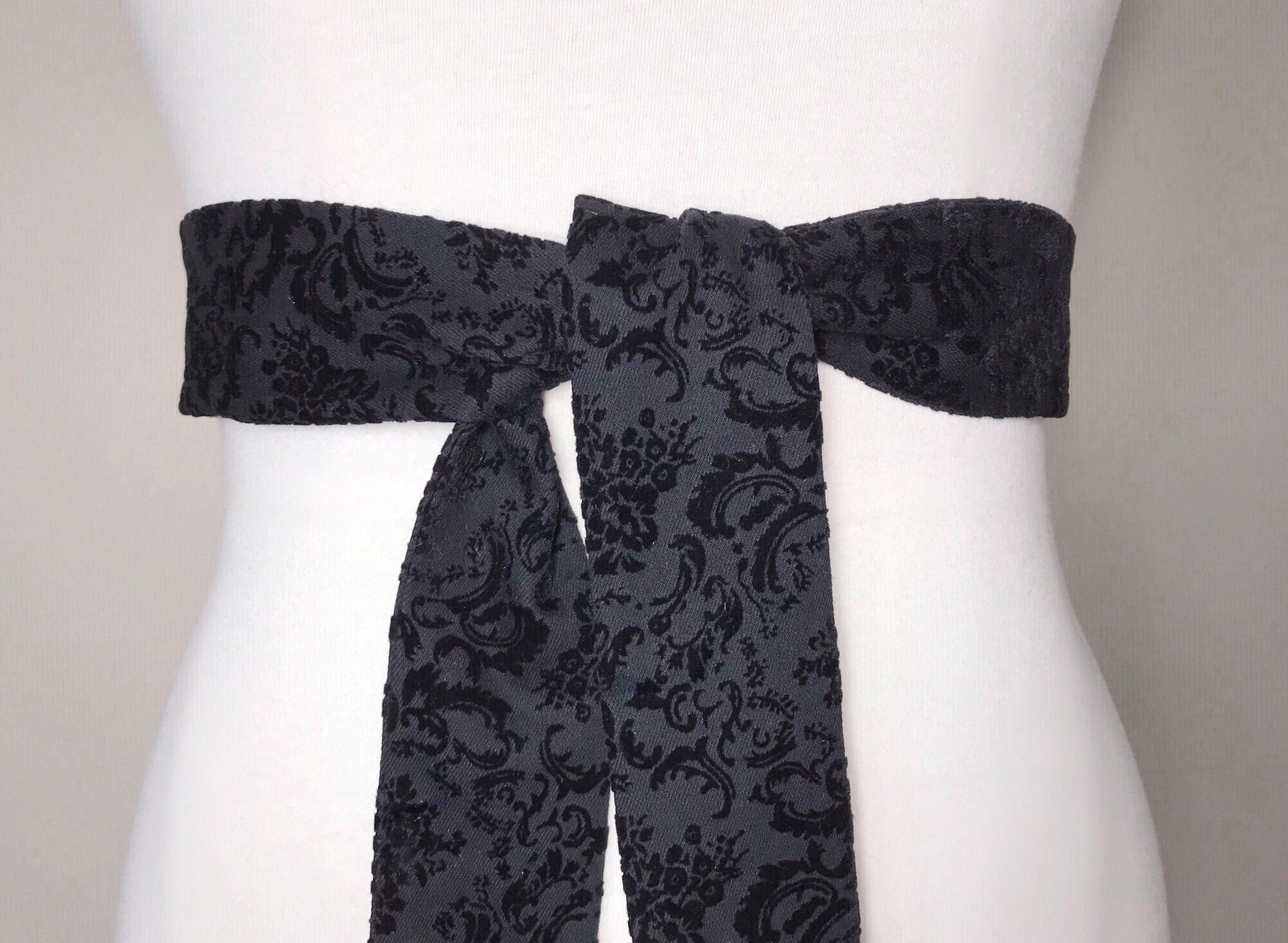 Narrow Flocked Velvet Sash, Black Sash Belt in Flocked Velvet Damask, Velvet Flocked Sash, Velvet Accessories, Flocked Denim, Satin Swank