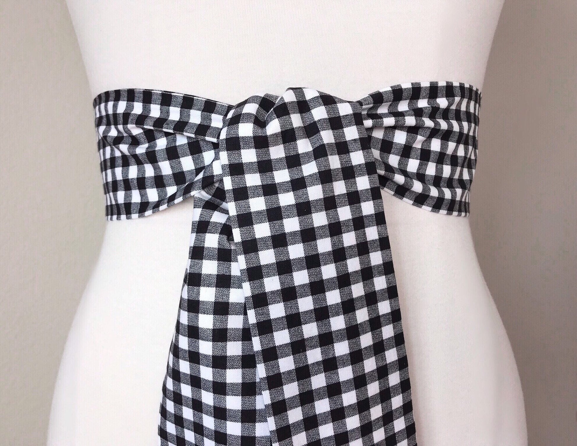 Mini Buffalo Plaid in Black & White, Gingham Plaid Sash, Black White Checkered Sash, Black White Sash Belt, Black Gingham Belt, Satin Swank