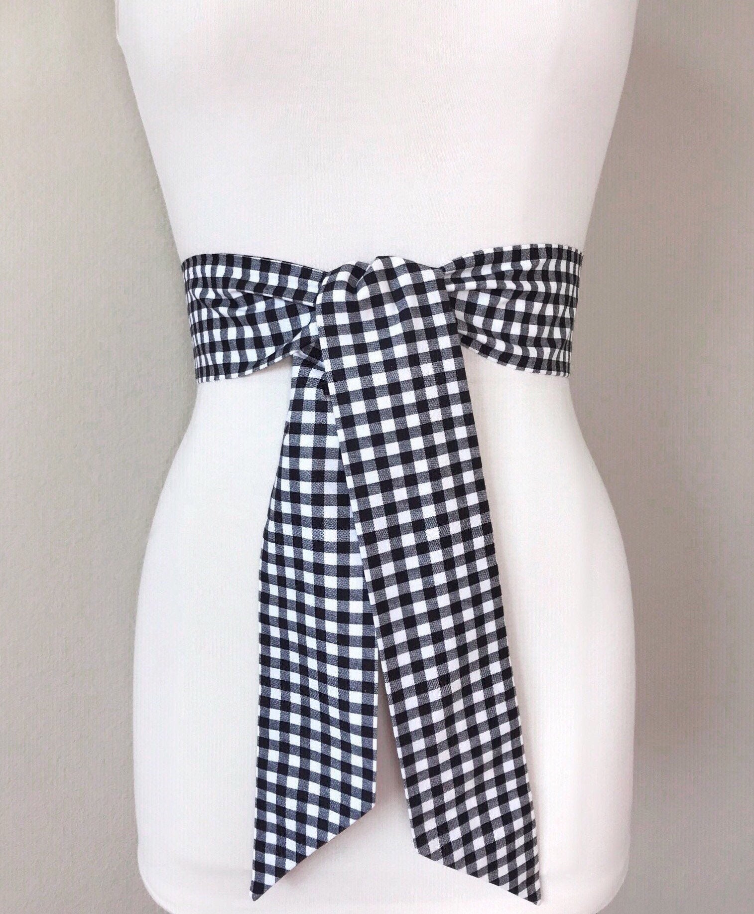 Mini Buffalo Plaid in Black & White, Gingham Plaid Sash, Black White Checkered Sash, Black White Sash Belt, Black Gingham Belt, Satin Swank
