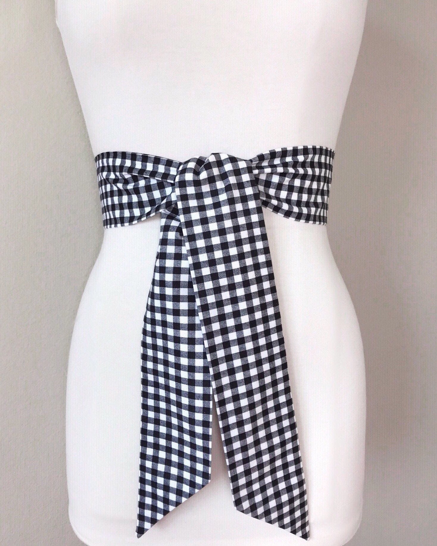 Mini Buffalo Plaid in Black & White, Gingham Plaid Sash, Black White Checkered Sash, Black White Sash Belt, Black Gingham Belt, Satin Swank