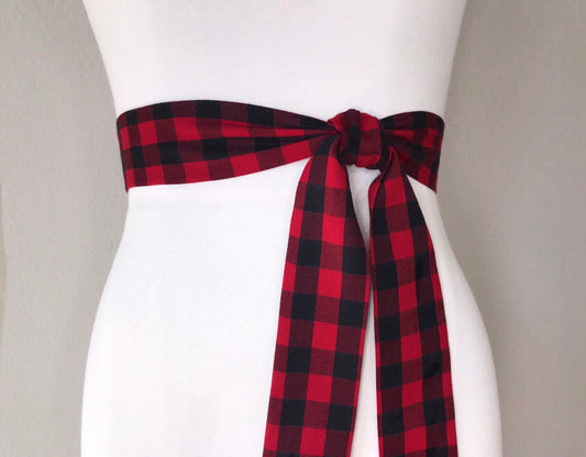 Narrow Buffalo Plaid Sash, Red & Black Buffalo Plaid Sash Belt, Red and Black Checkered Sash, Black and Red Plaid Sash Belt, Satin Swank