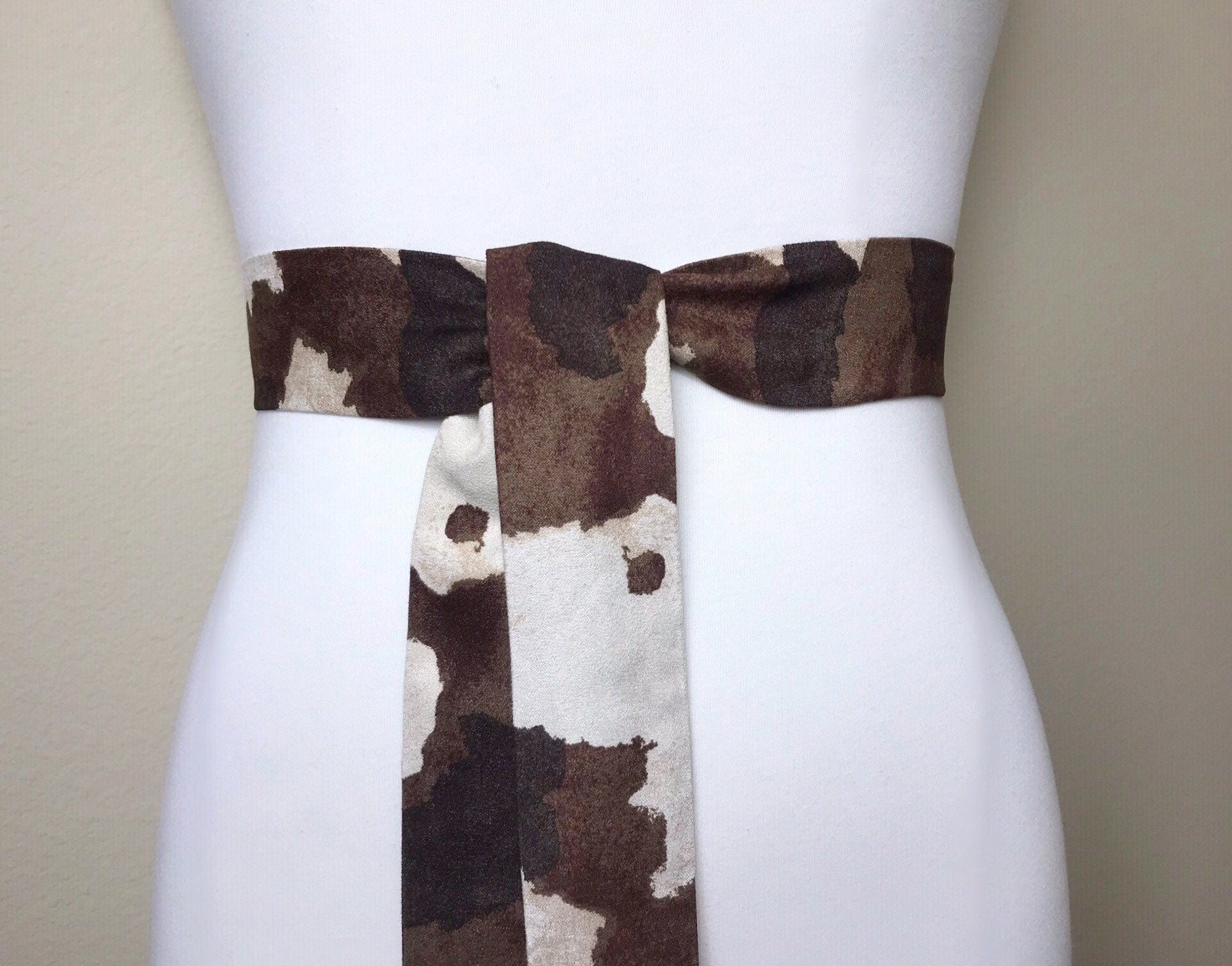 Narrow Brown Cow Print Sash in Micro Suede, Brown & Cream Sash, Brown Cow Belt, Cow Sash Belt, Brown Cow Western Accessories, Satin Swank