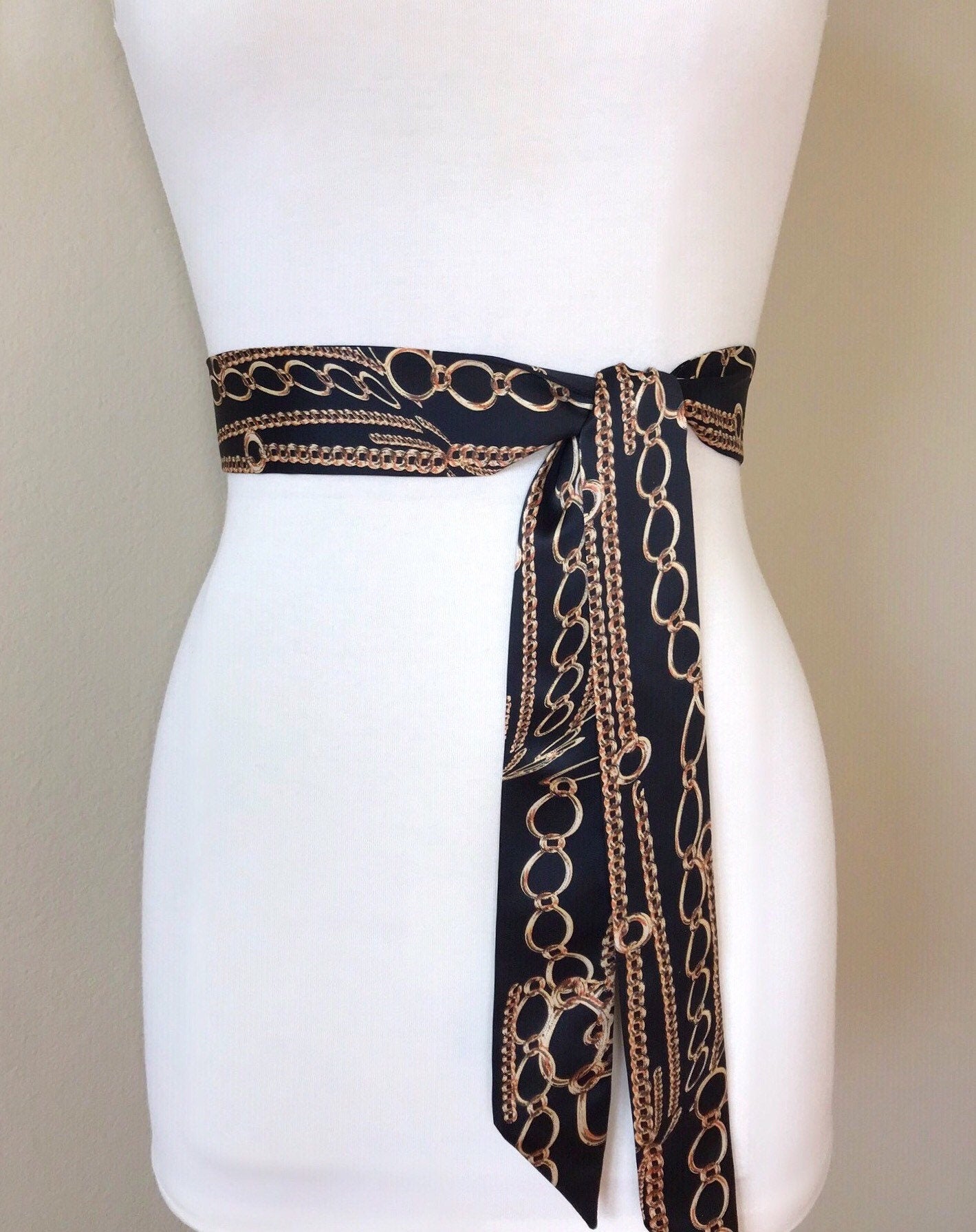 Narrow Black & Gold Chain Sash Belt, Black and Gold Sash, Gold Chain Link Belt, Chain Link Sash, Black and Gold Dress Sash, Satin Swank