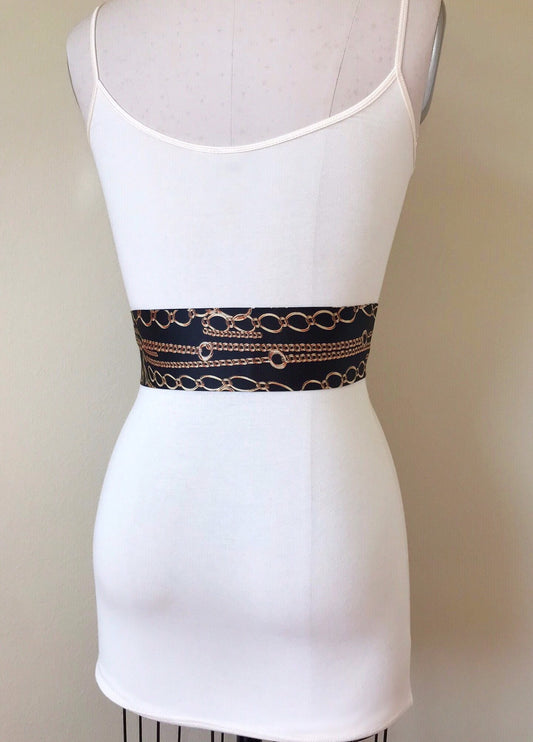 Wide Black & Gold Chain Sash Belt, Black and Gold Sash, Gold Chain Link Belt, Chain Link Sash, Black and Gold Dress Sash, Satin Swank