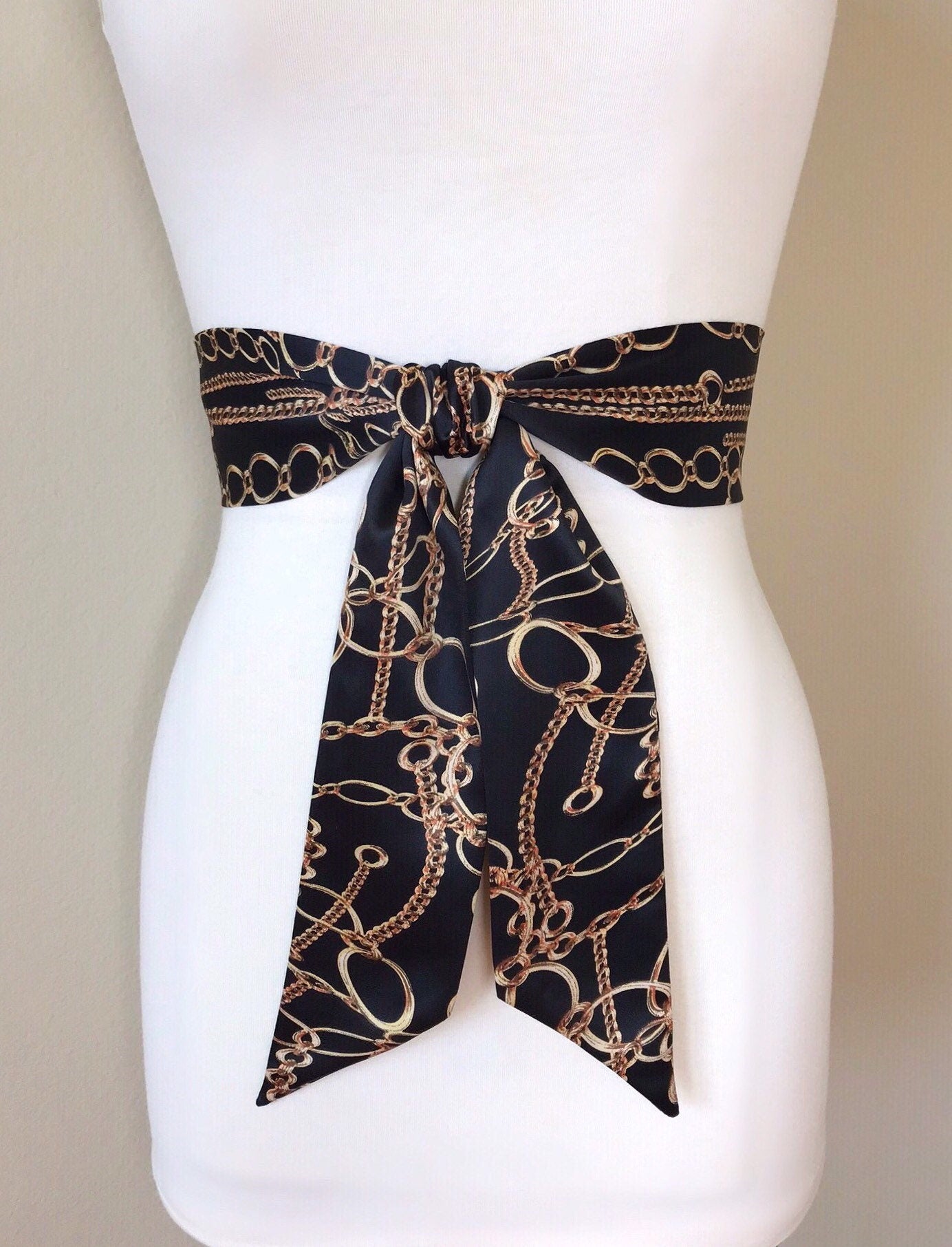 Wide Black & Gold Chain Sash Belt, Black and Gold Sash, Gold Chain Link Belt, Chain Link Sash, Black and Gold Dress Sash, Satin Swank