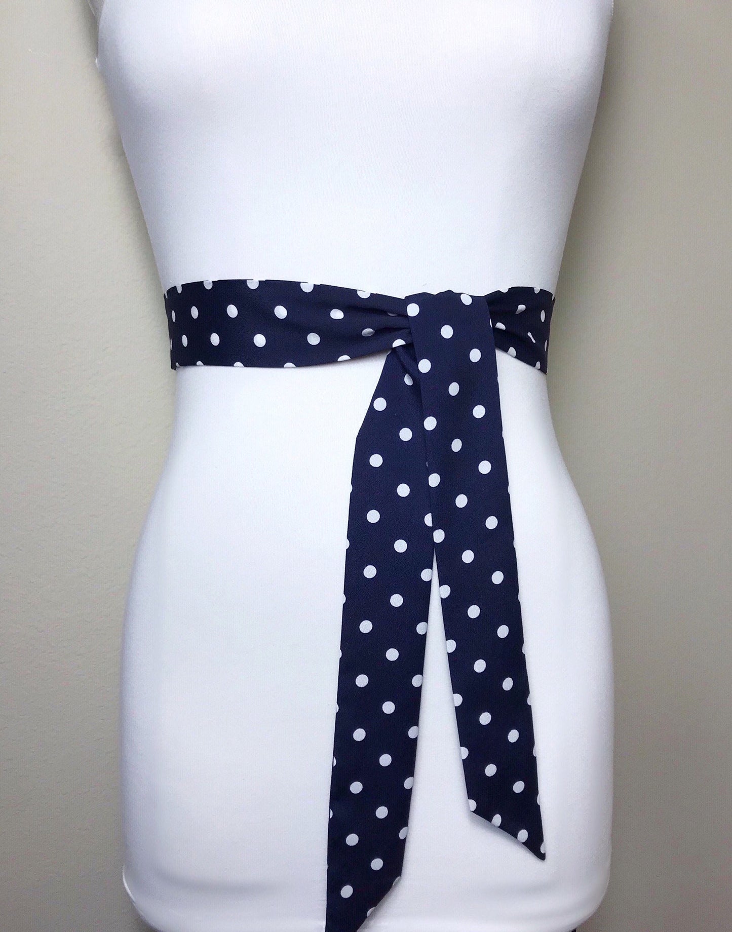 Narrow Navy Polka Dot Sash, Navy & White Sash Belt, Navy Dot Sash, White Dot on Navy Sash, Navy Dress Sash, Navy White Print, Satin Swank