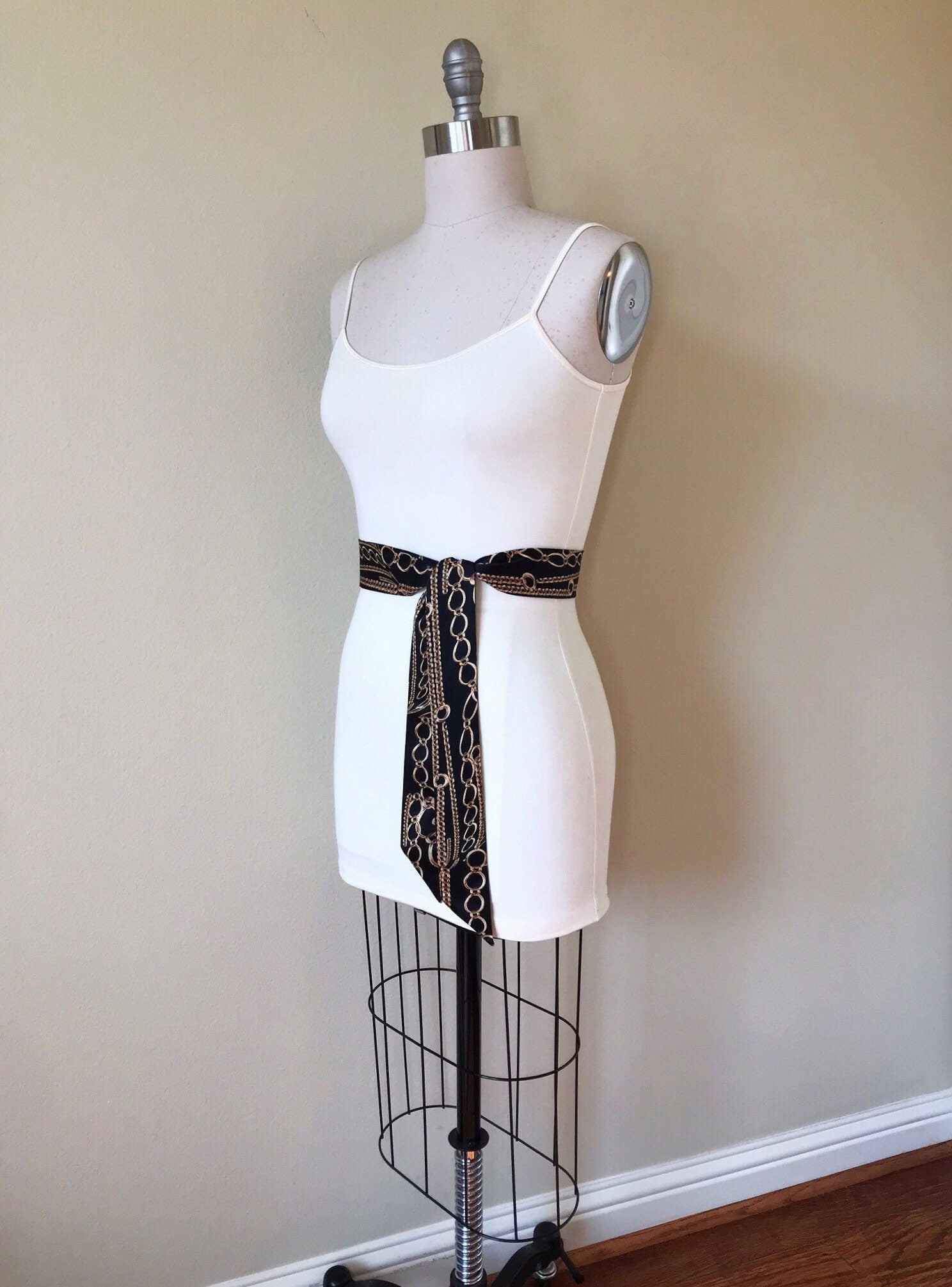 Narrow Black & Gold Chain Sash Belt, Black and Gold Sash, Gold Chain Link Belt, Chain Link Sash, Black and Gold Dress Sash, Satin Swank