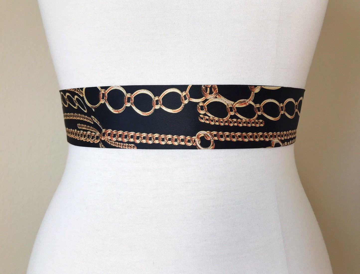 Narrow Black & Gold Chain Sash Belt, Black and Gold Sash, Gold Chain Link Belt, Chain Link Sash, Black and Gold Dress Sash, Satin Swank