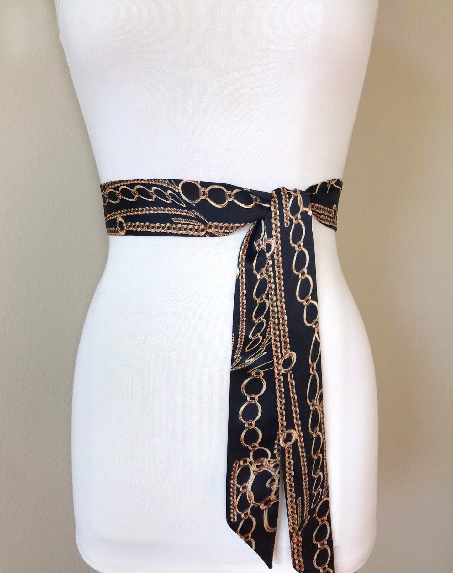 Narrow Black & Gold Chain Sash Belt, Black and Gold Sash, Gold Chain Link Belt, Chain Link Sash, Black and Gold Dress Sash, Satin Swank