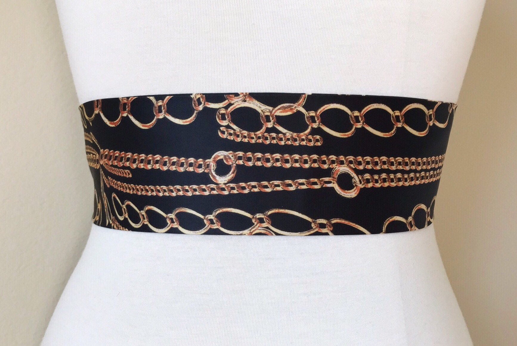 Wide Black & Gold Chain Sash Belt, Black and Gold Sash, Gold Chain Link Belt, Chain Link Sash, Black and Gold Dress Sash, Satin Swank