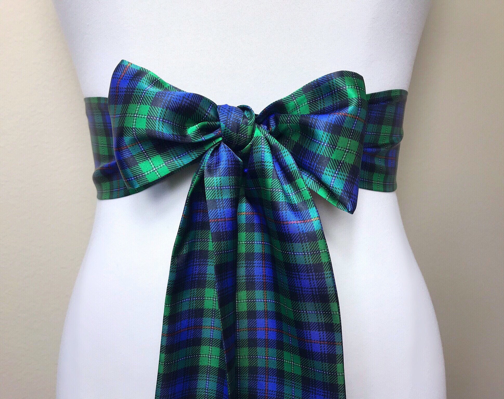 MacKenzie Tartan Sash, Scottish Tartan Belt, Green & Blue Plaid Sash Belt, Clan MacKenzie Tartan Accessories, Green Plaid Sash, Satin Swank
