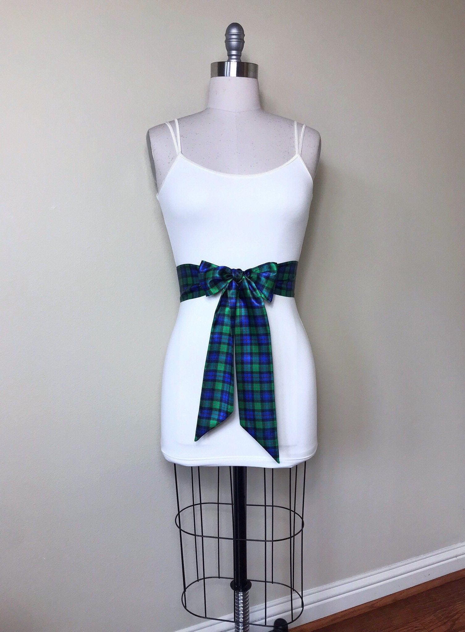 MacKenzie Tartan Sash, Scottish Tartan Belt, Green & Blue Plaid Sash Belt, Clan MacKenzie Tartan Accessories, Green Plaid Sash, Satin Swank