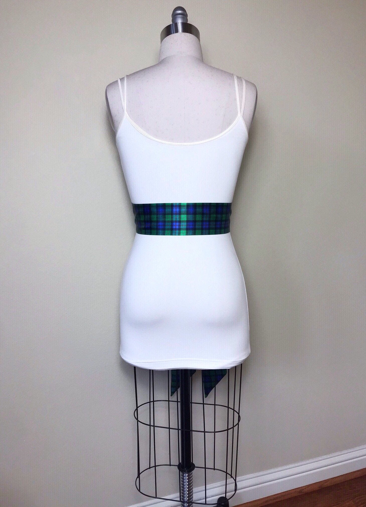 MacKenzie Tartan Sash, Scottish Tartan Belt, Green & Blue Plaid Sash Belt, Clan MacKenzie Tartan Accessories, Green Plaid Sash, Satin Swank