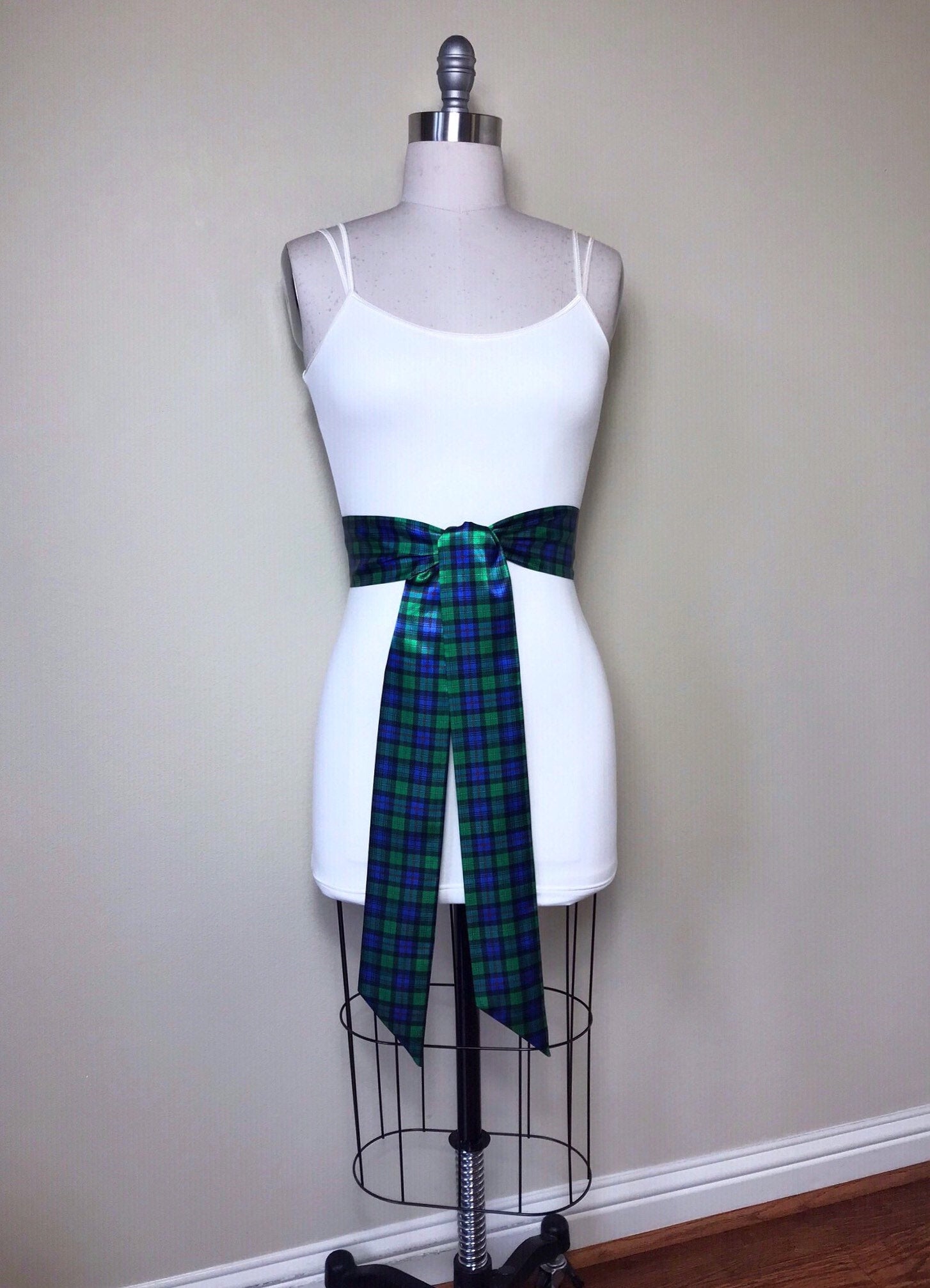 MacKenzie Tartan Sash, Scottish Tartan Belt, Green & Blue Plaid Sash Belt, Clan MacKenzie Tartan Accessories, Green Plaid Sash, Satin Swank