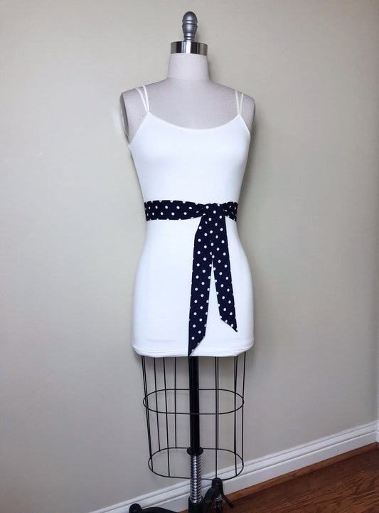 Narrow Navy Polka Dot Sash, Navy & White Sash Belt, Navy Dot Sash, White Dot on Navy Sash, Navy Dress Sash, Navy White Print, Satin Swank