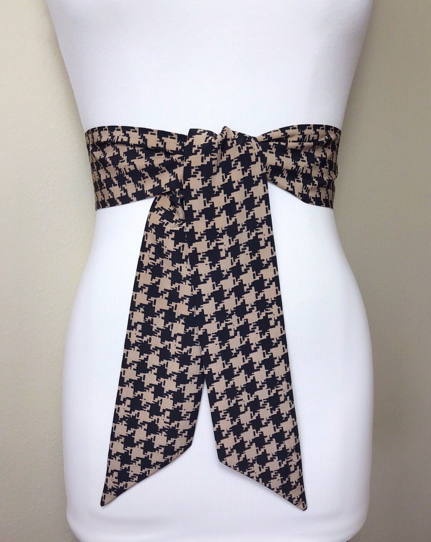 Black & Brown Houndstooth Sash Belt, Brown and Black Sash, Houndstooth Check Sash, Black Brown Dress Sash, Dogstooth Check Belt, Satin Swank
