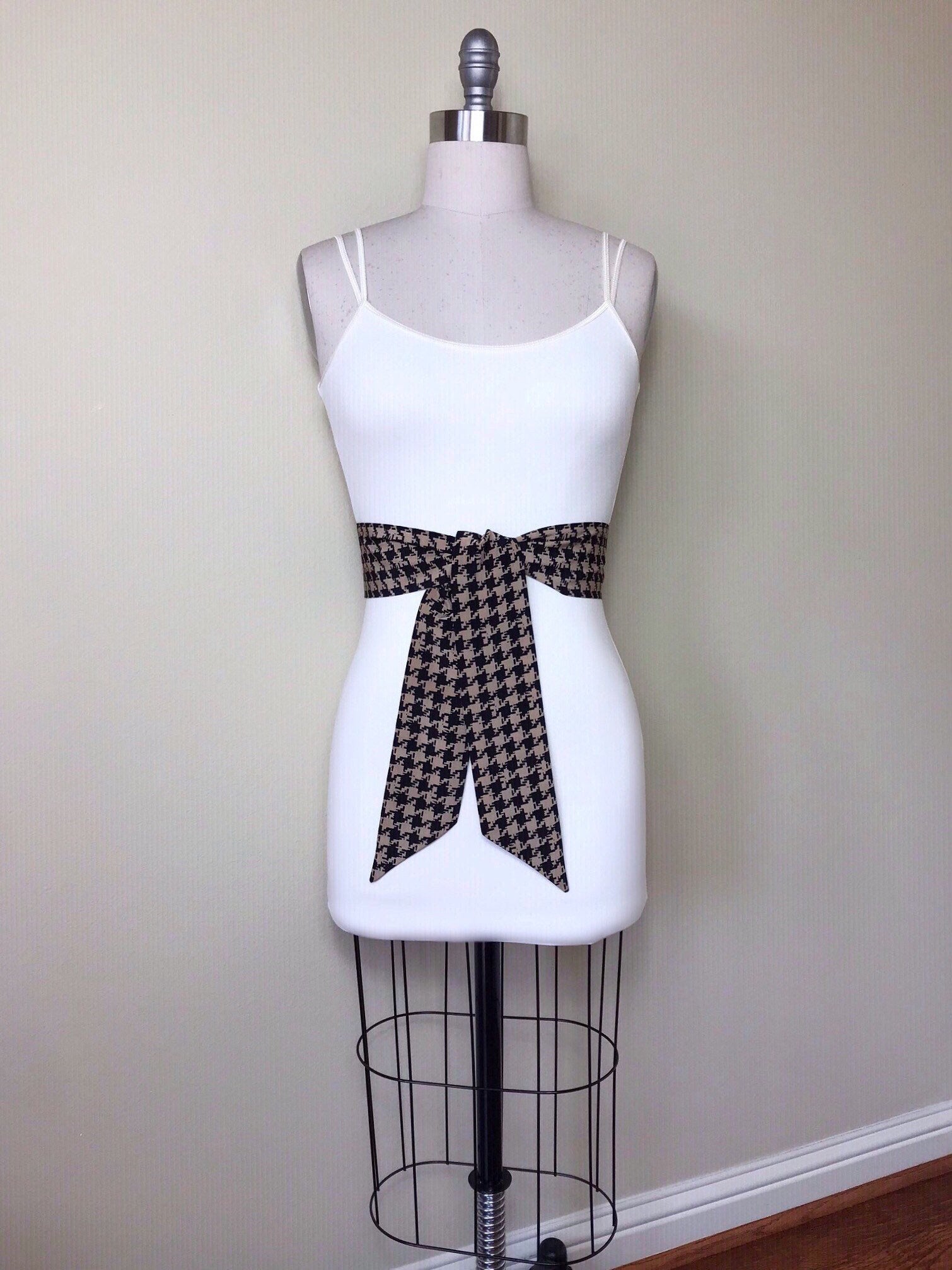 Black & Brown Houndstooth Sash Belt, Brown and Black Sash, Houndstooth Check Sash, Black Brown Dress Sash, Dogstooth Check Belt, Satin Swank