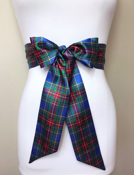 MacBeth Tartan Sash, Scottish Tartan Belt, Blue & Red Plaid Sash Belt, Clan MacBeth Tartan Accessories, Blue and Red Satin Sash, Satin Swank