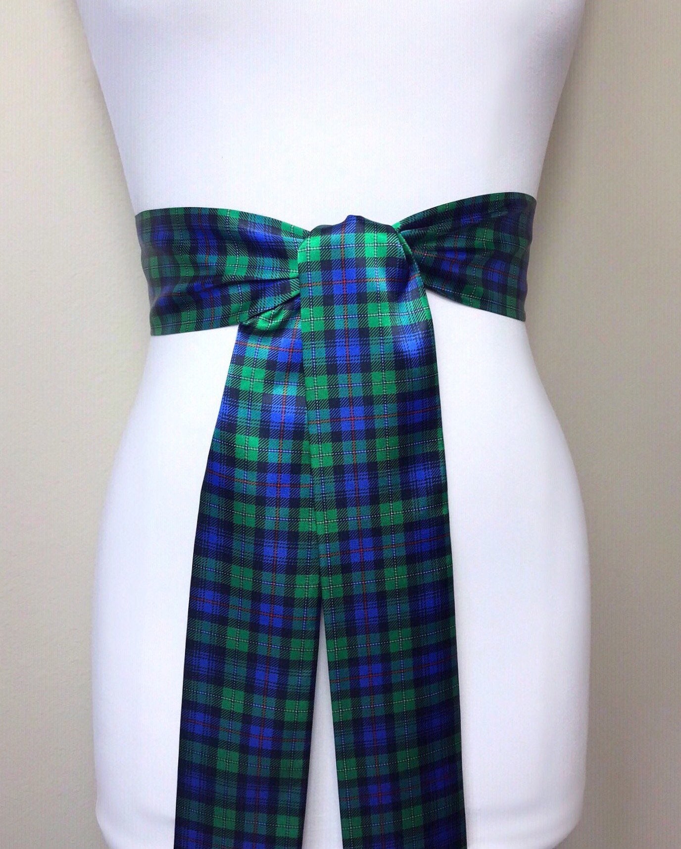 MacKenzie Tartan Sash, Scottish Tartan Belt, Green & Blue Plaid Sash Belt, Clan MacKenzie Tartan Accessories, Green Plaid Sash, Satin Swank